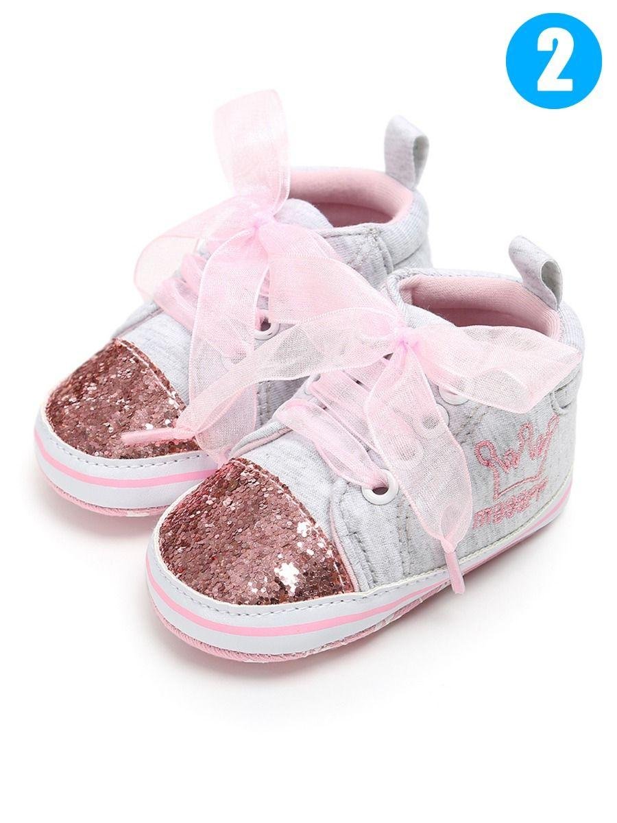 Sequin Crown Embroidery Lace-up Baby Girls Princess First Start Crib Shoes 3