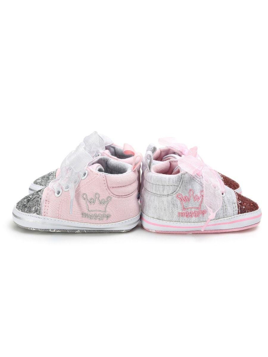 Sequin Crown Embroidery Lace-up Baby Girls Princess First Start Crib Shoes 4