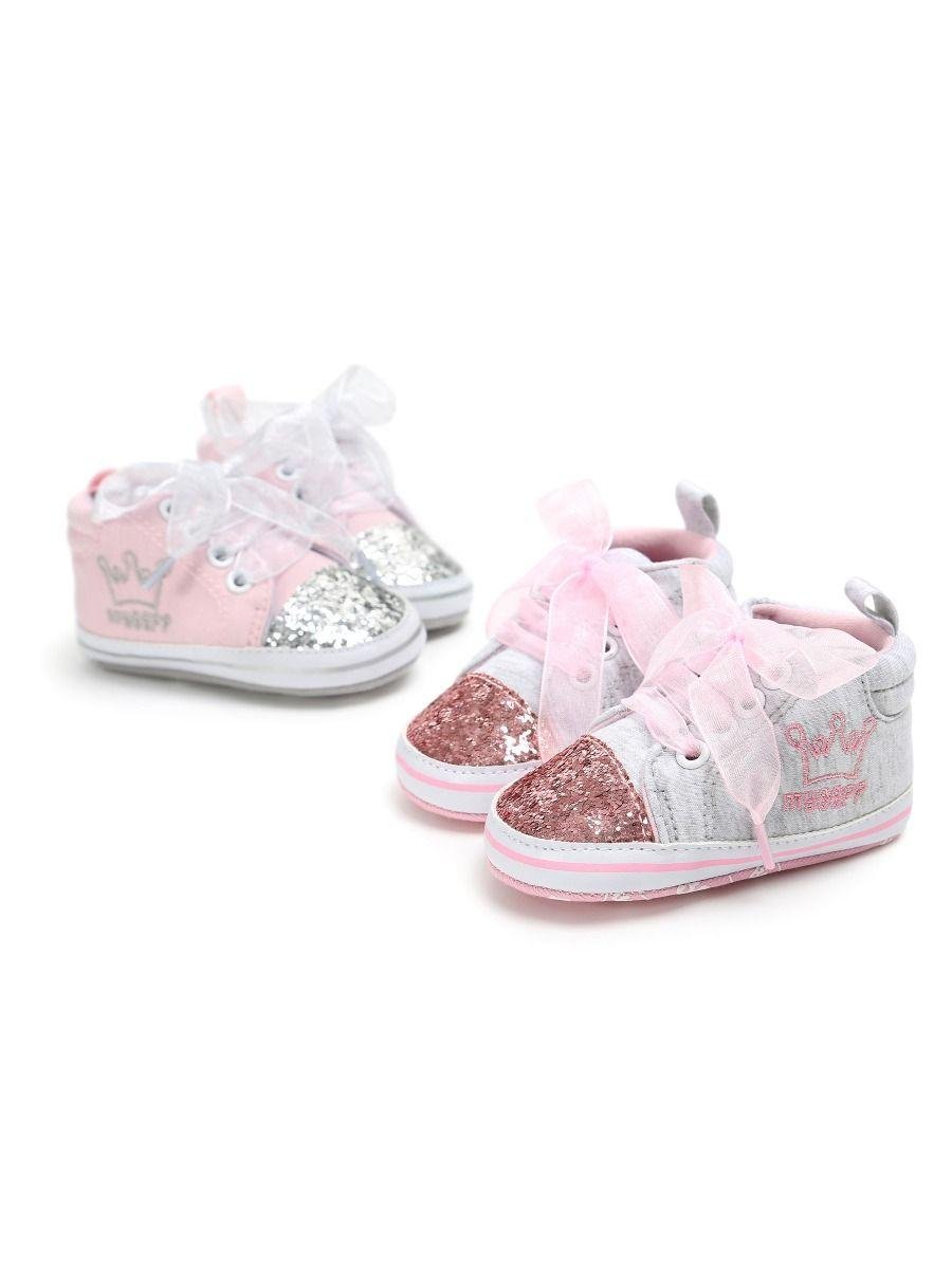 Sequin Crown Embroidery Lace-up Baby Girls Princess First Start Crib Shoes 5