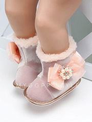 Bowknot Trimmed Soft Fur Winter Warm Infant Girl Snow Boots Black Pink Grey