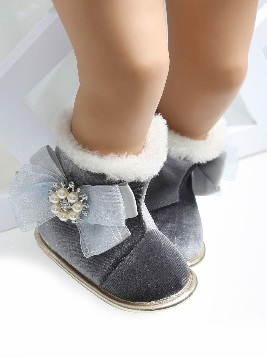 Bowknot Trimmed Soft Fur Winter Warm Infant Girl Snow Boots Black Pink Grey 2