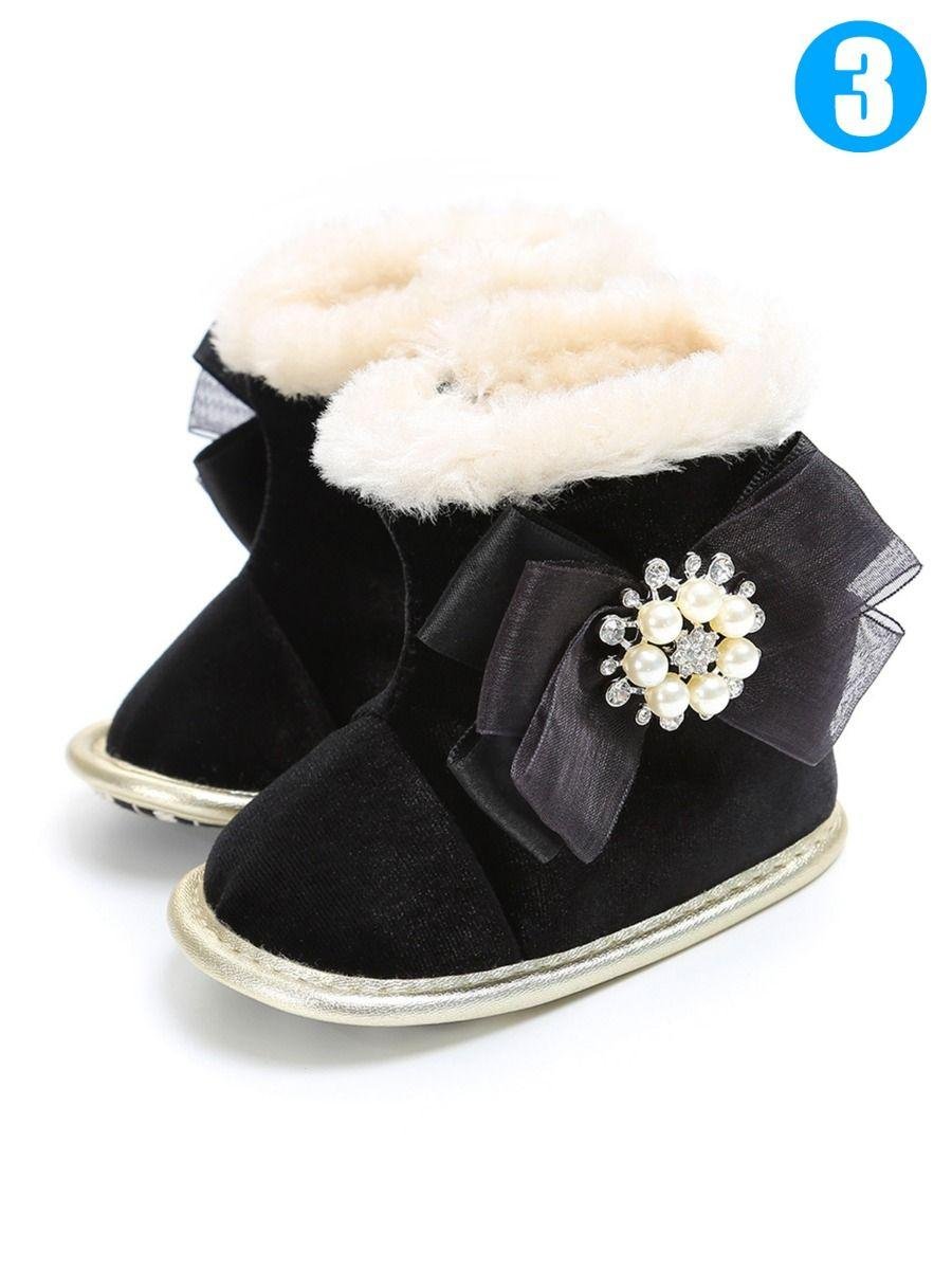 Bowknot Trimmed Soft Fur Winter Warm Infant Girl Snow Boots Black Pink Grey 5