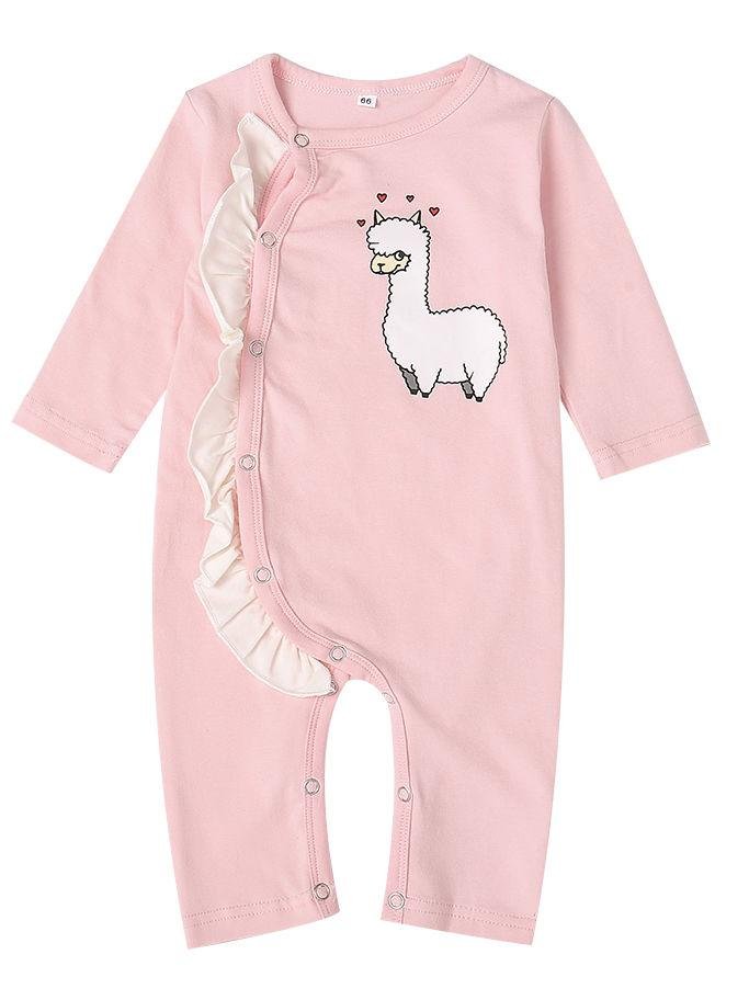 Spring Pink Frilled Sheep Print Baby Girl Sleepsuit Overalls Wholesale