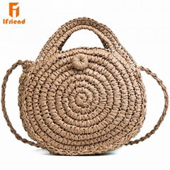 Beach Style Round Straw bags Vintage Handbag Handmade Woven Beach Cross Body Bag