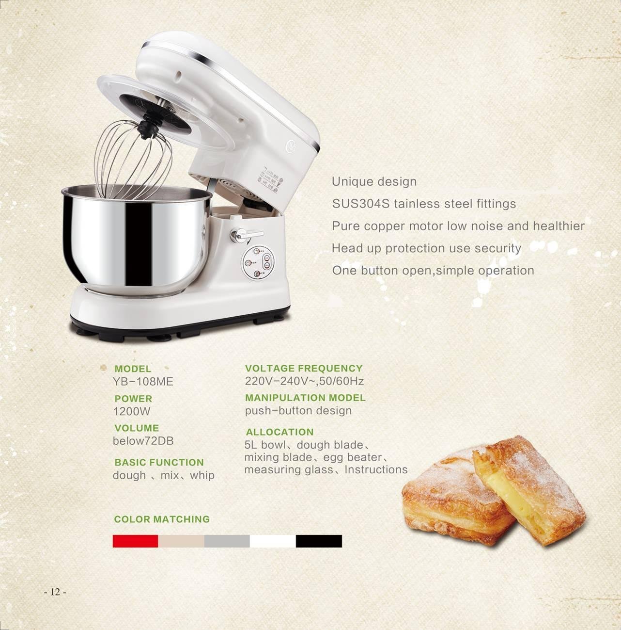 1200W High-end Electric Stand Mixer with 5L SUS304 Stainless Steel Bowl