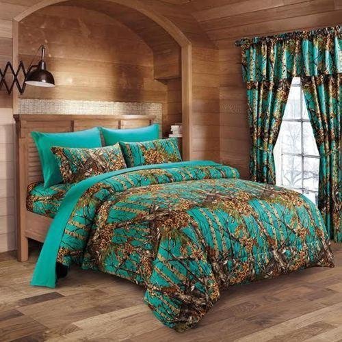 7 PC TEAL CAMO COMFORTER AND SHEET SET FULL CAMOUFLAGE WOODS HUNTER