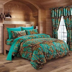 7 PC TEAL CAMO COMFORTER AND SHEET SET FULL CAMOUFLAGE WOODS HUNTER