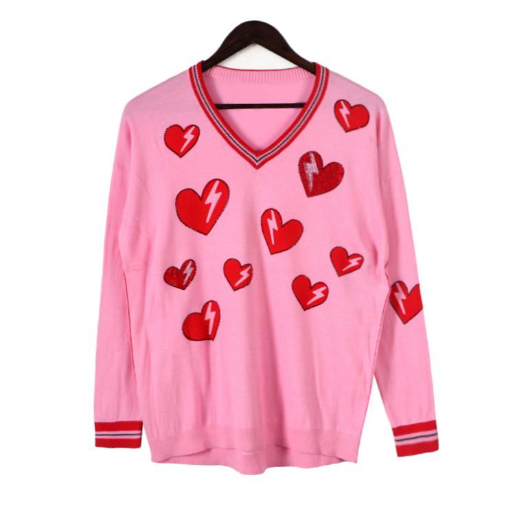 2019 ladies fashionable soft print with heart stones knitted pullover sweater