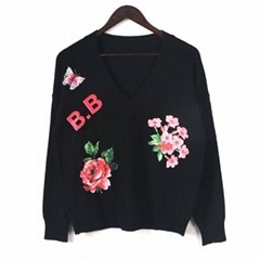 2019 F/W ladies fashionable flower print ribbed hem knitted pullover sweaters