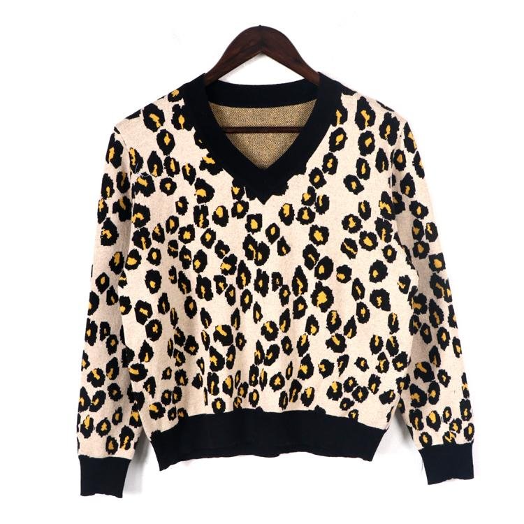 2019 FW ladies fashionable leopard jacquard knitted twinset sweater 