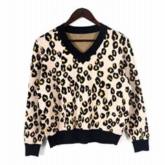 2019 FW ladies fashionable leopard jacquard knitted twinset sweater 