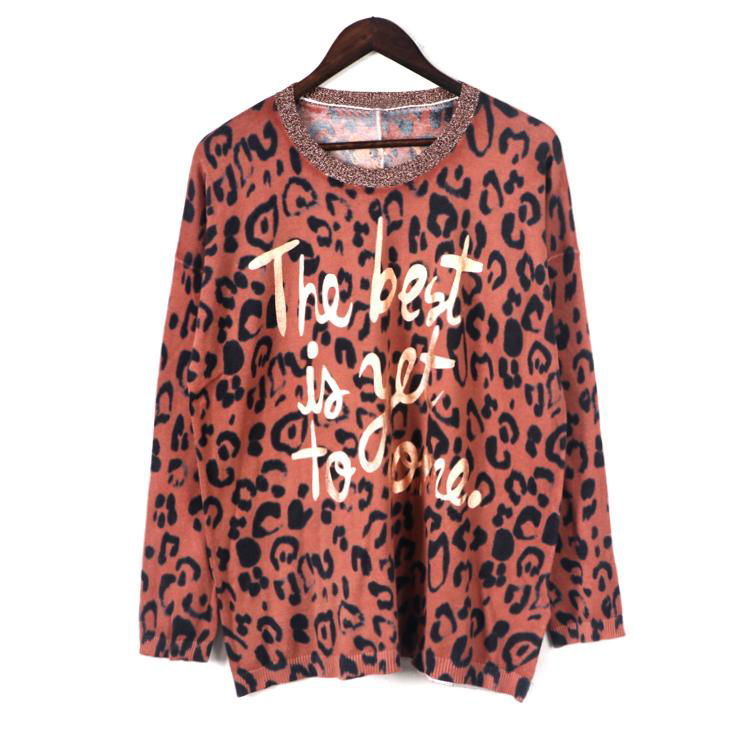 2019 FW fashionable leopard print with letter foilprint knitted pullover sweater