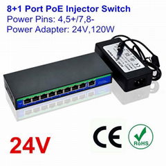 24V 120W 9 Ports 8 PoE Injector Switch