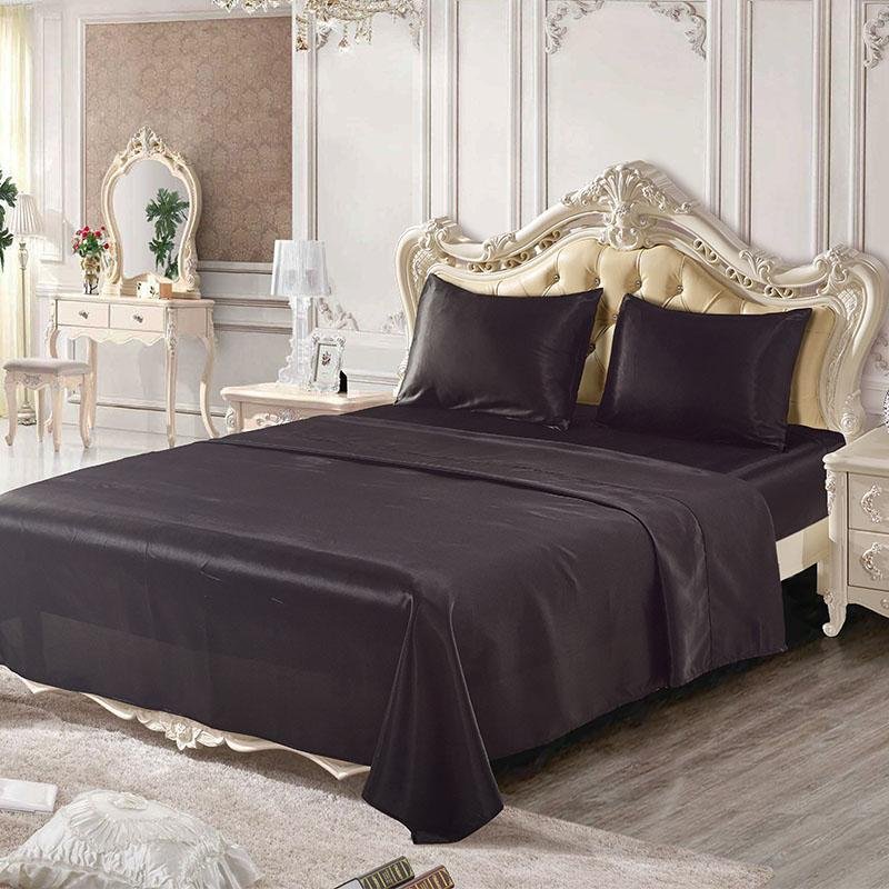 satin silk fitted flat bed sheet set 4pcs 4pcs solid color Bedding set  5
