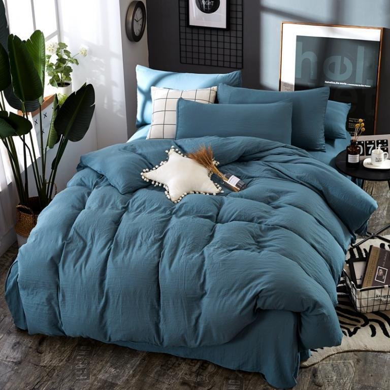 Solid Color 3/4 Pcs Bedding Set Microfiber Bedclothes Navy Blue Gray Bed Linens  3