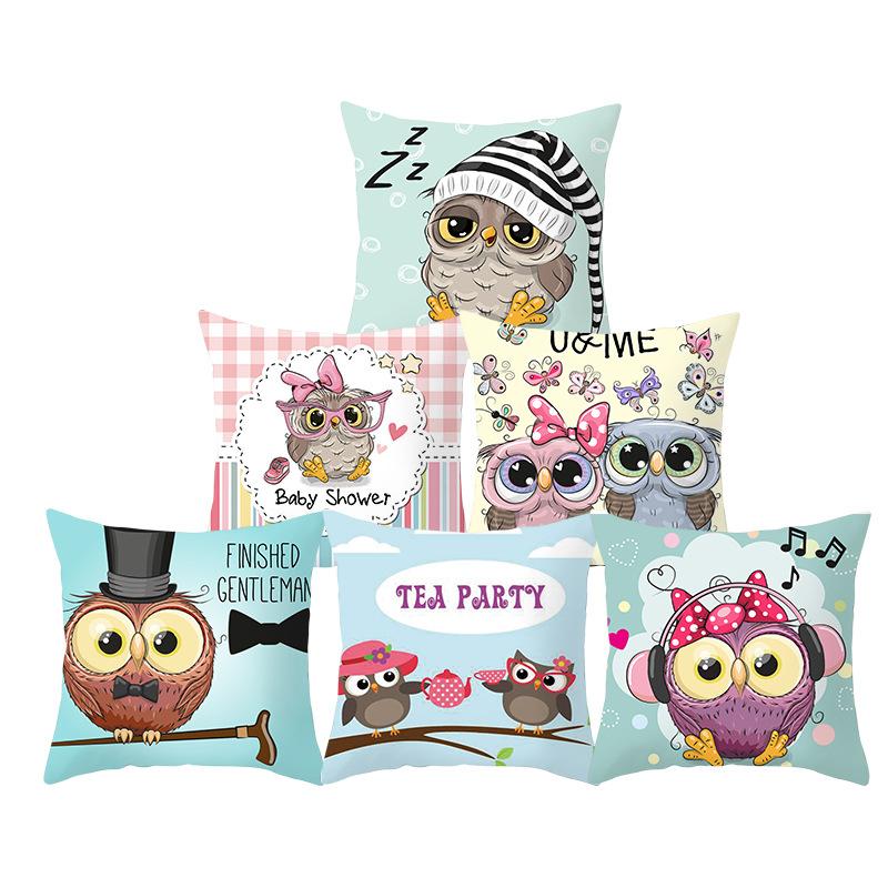 Lovely Cushion Cover Polyester Cotton Cartoon Owl Printed Pillow Cover 3