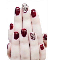 Wine red champagne sequins long nail art