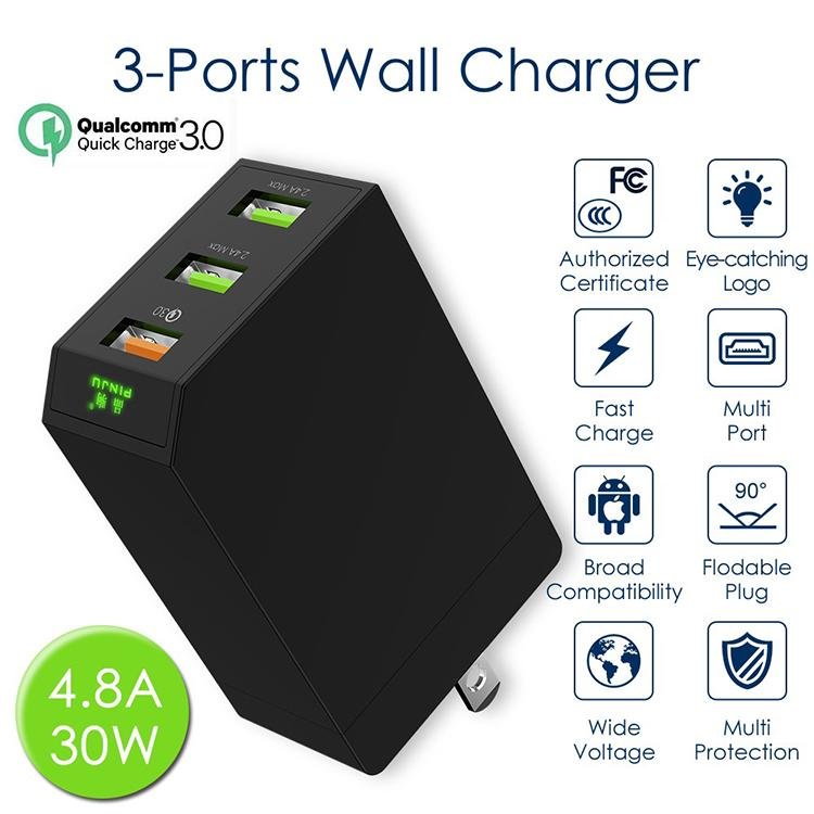 Multiport Phone Charger QC3.0 Fast Charger Mobile Adapter 4.8A Travel Charger wi