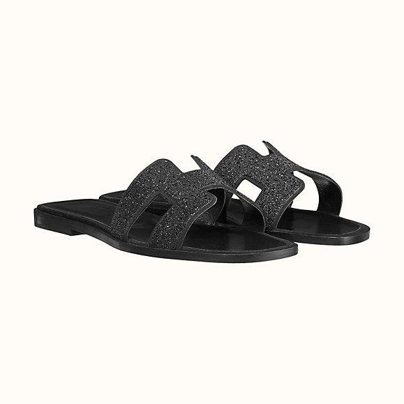 Oran sandal in suede goatskin with iconic "H" cut-out and crystal  black