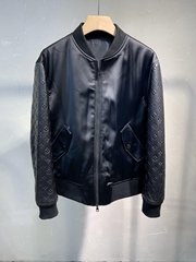     onogram leather mix jacket     acket     acket 100% Bull Leather black lv 