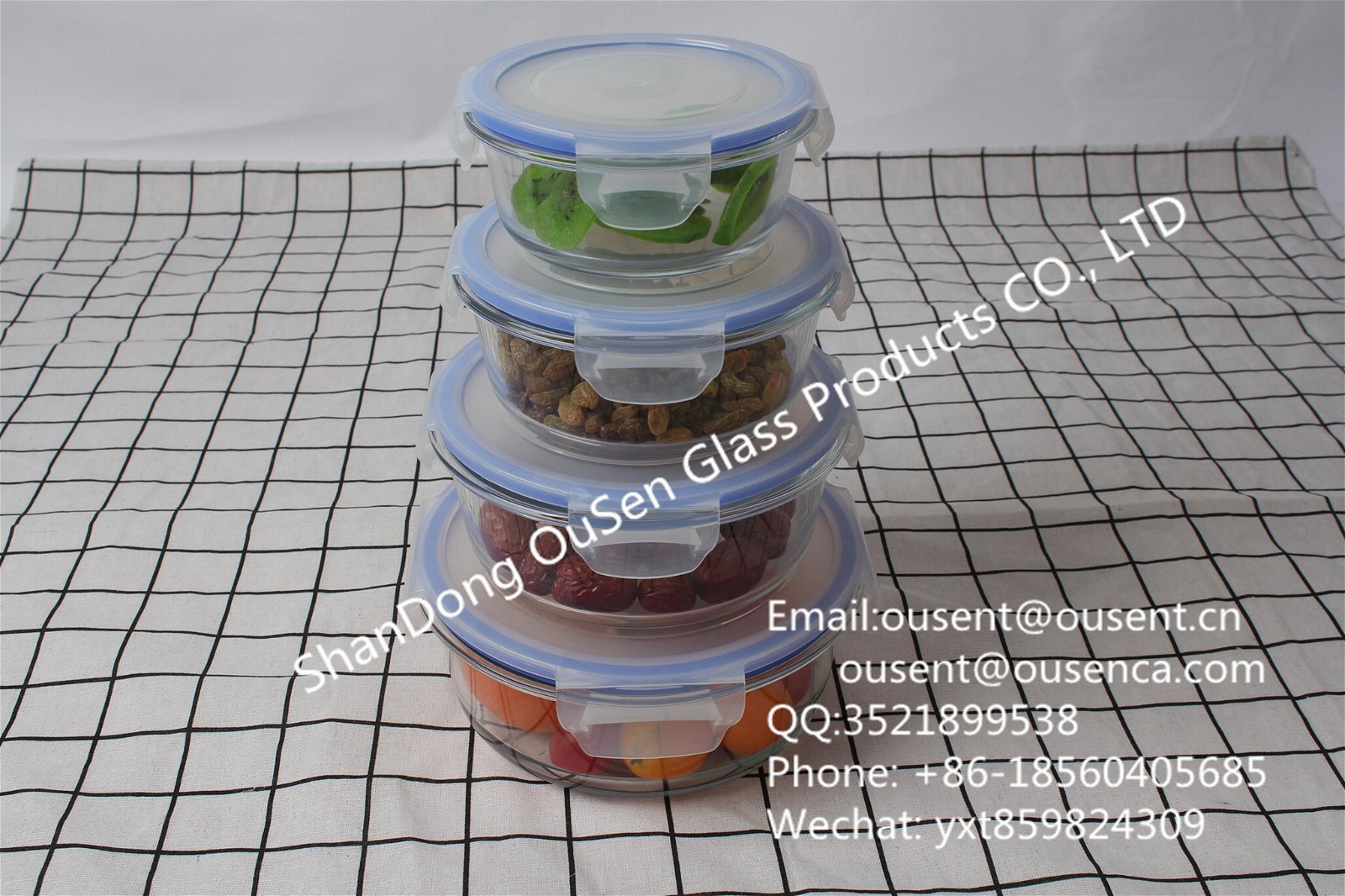 round glass airtight food container with PP lid with silicone sealing strip