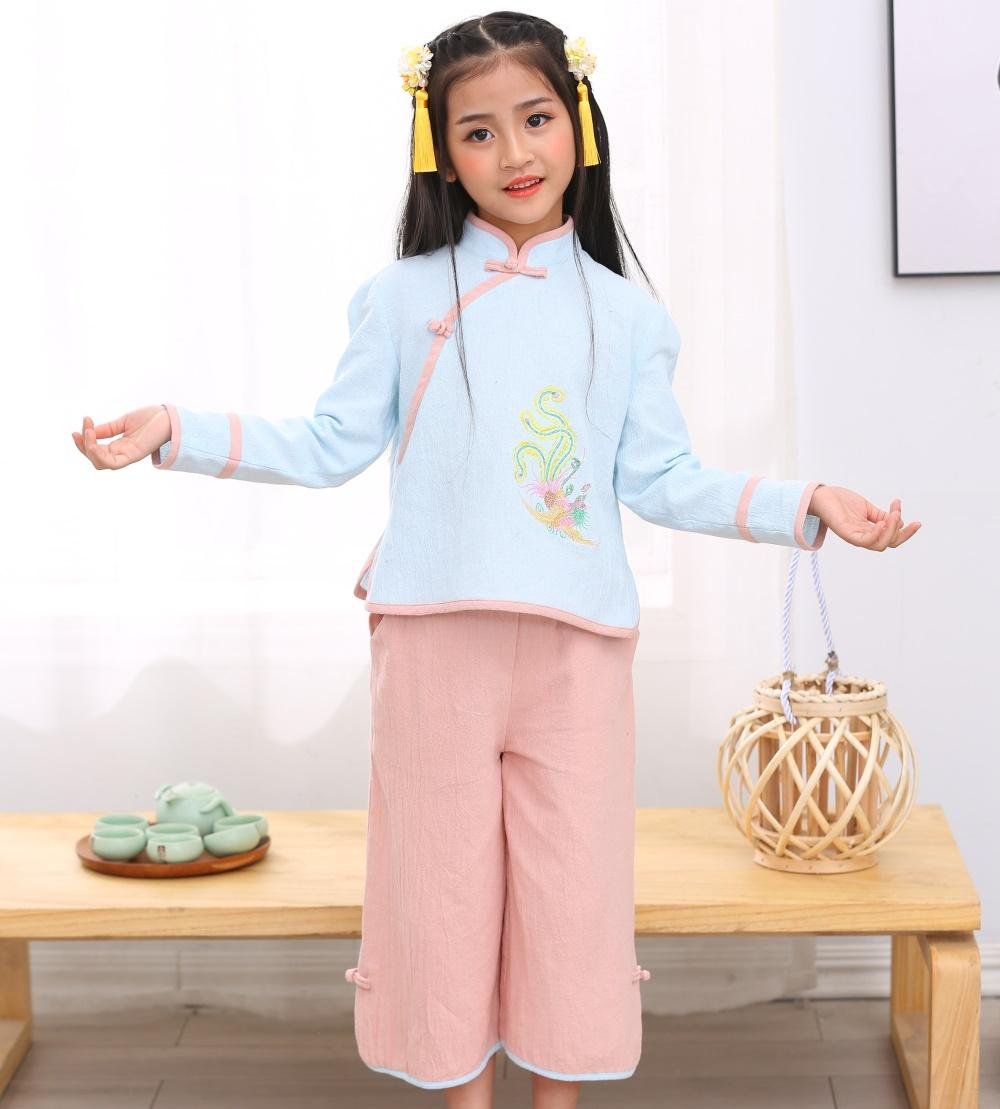 Wholesale girl summer Tang suits tops and pants long sleeve manderin colar chine