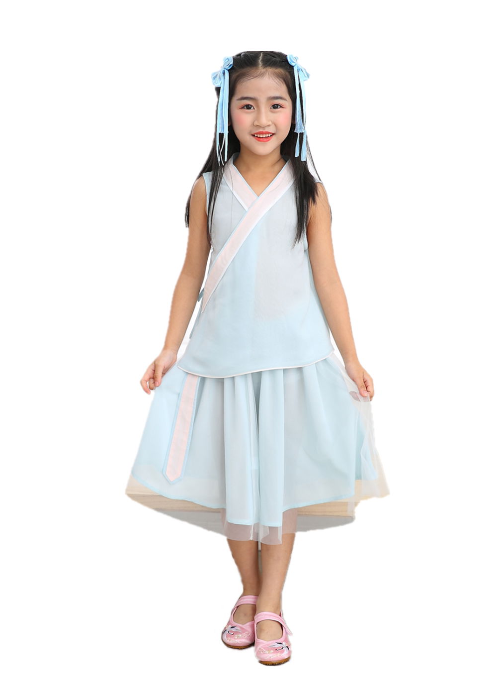Girl summer sleeveless cross colar two piece setsTang suit Chinese traditional d 4