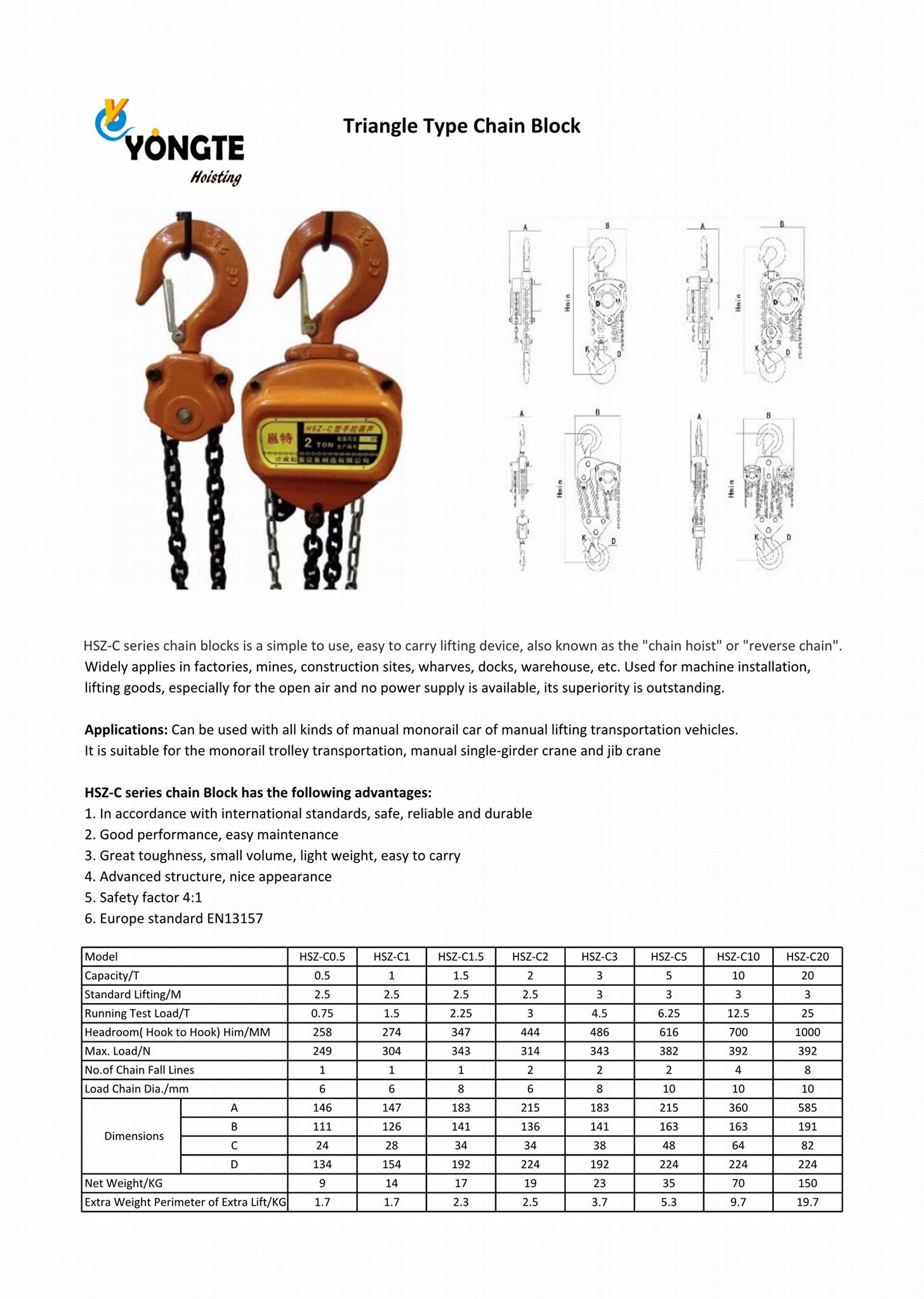 CE good quality 1t 3m chain hoist