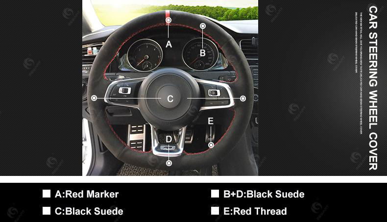 Hand Sewing Stitched Suede Steering Wheel Cover Red Strip for Volkswagen Golf 7  5