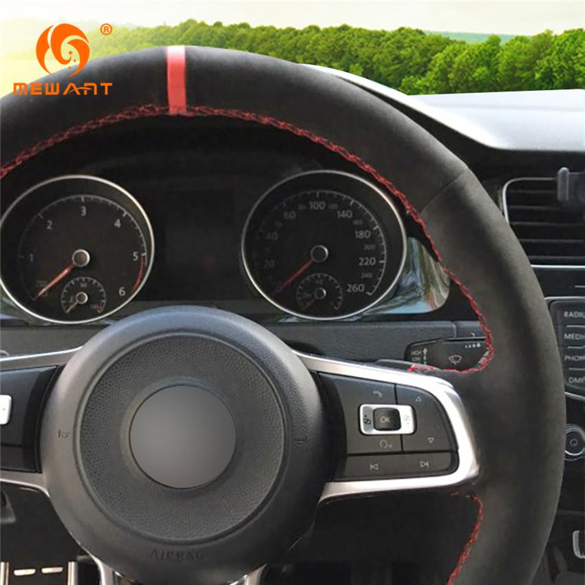 Hand Sewing Stitched Suede Steering Wheel Cover Red Strip for Volkswagen Golf 7  2