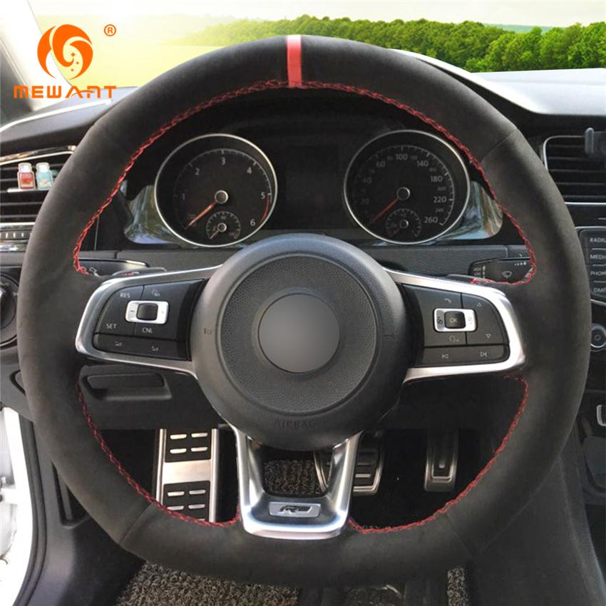 Hand Sewing Stitched Suede Steering Wheel Cover Red Strip for Volkswagen Golf 7  3