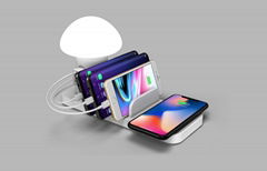 Wireless and multi-port USB charger with Mushroom light