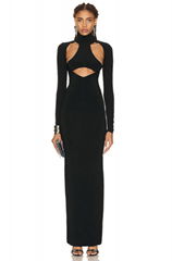 Sexy Hollow Out Long Sleeve Slim Maxi Dress Women Eelgant Turtleneck Backless