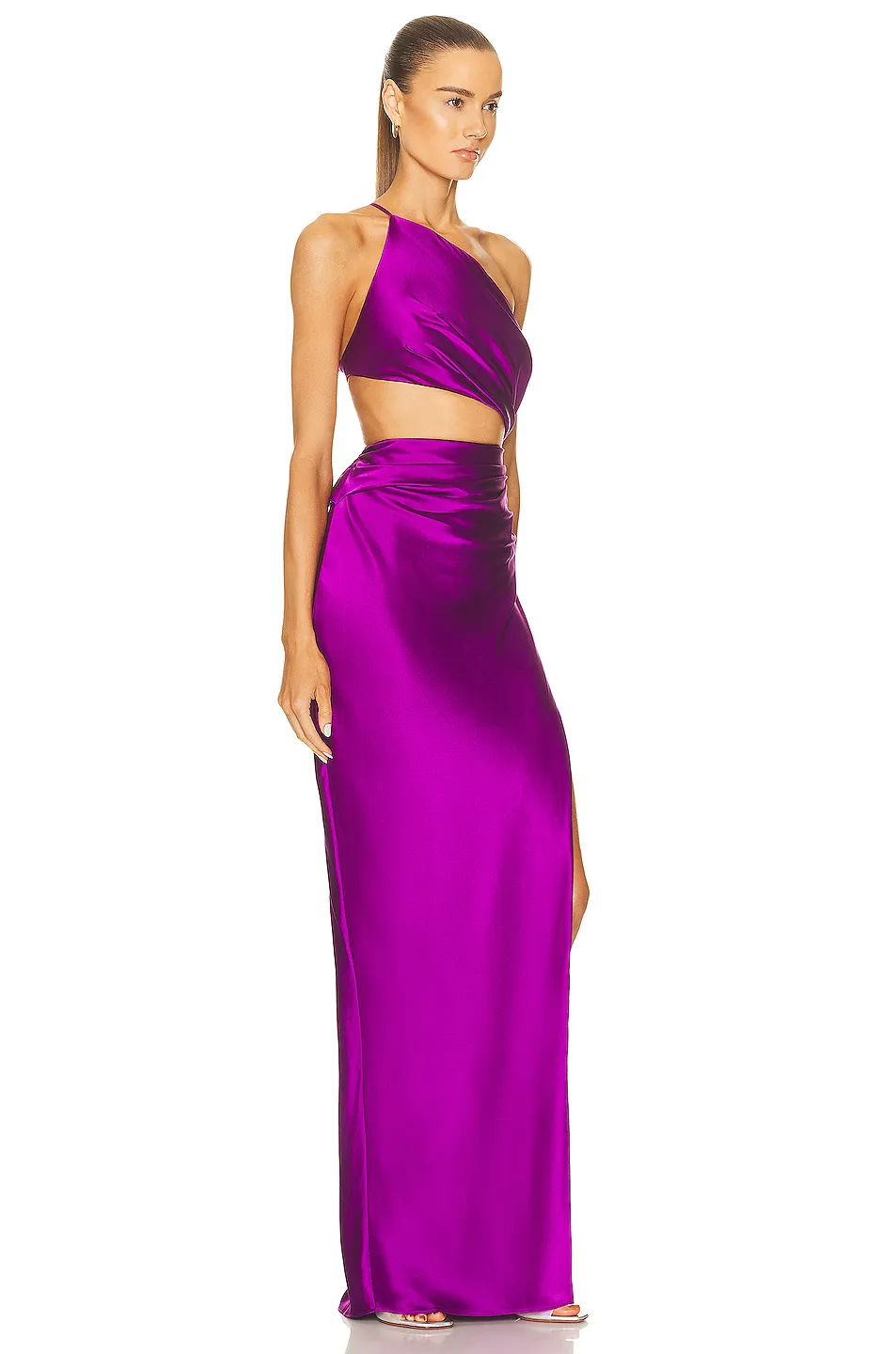 Purple Orange Color Women Shinnign Satin One Shoulder Bodycon Long Dress Fashion 3