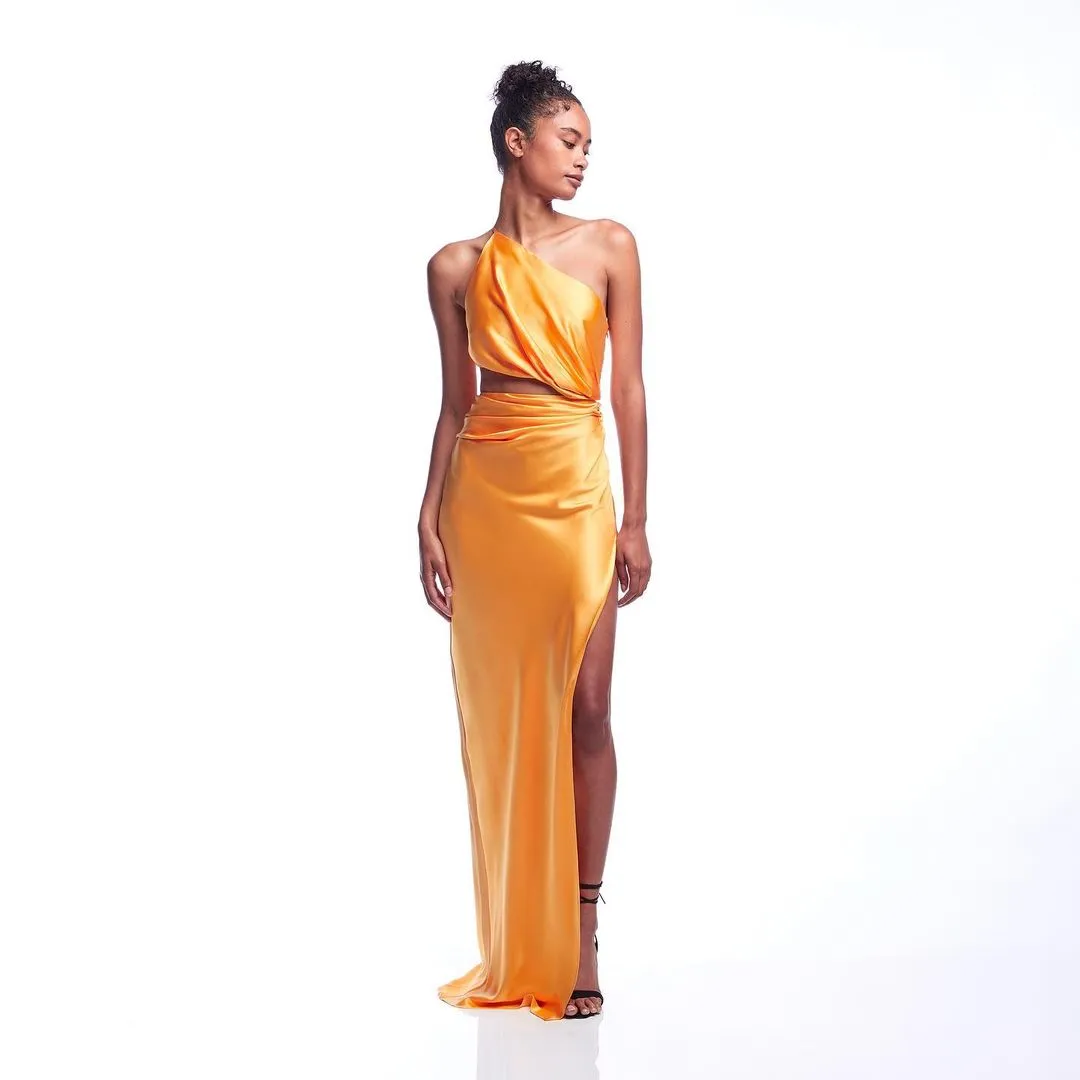 Purple Orange Color Women Shinnign Satin One Shoulder Bodycon Long Dress Fashion 4