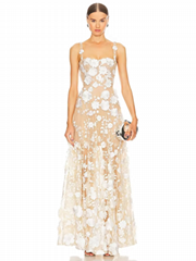 New Sexy Sling 3D Flower Patchwork Long Dress Women Khaki Sleeveless Embroidery 