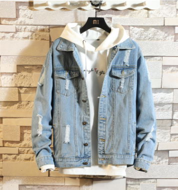 Spring and Autumn New Men's Pierced Denim Coat Men's Autumn Jacket