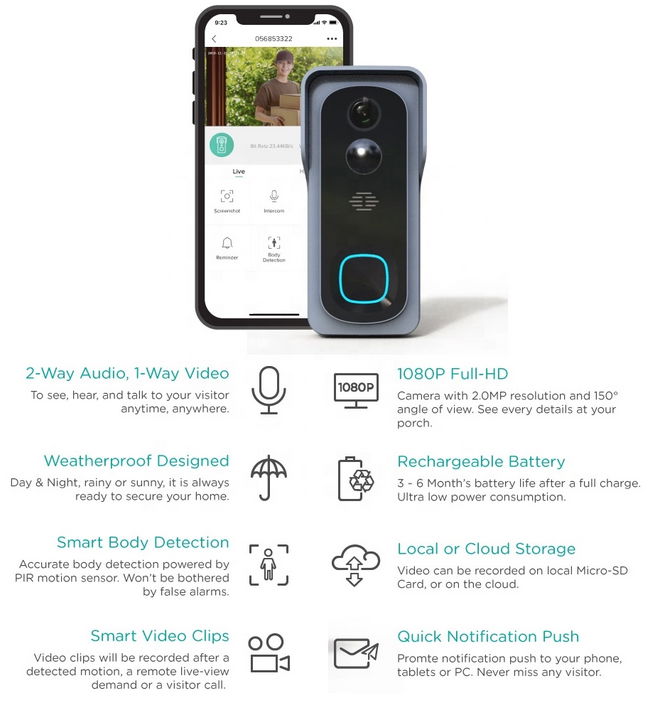 REHENT home automation wifi battery power video doorbell IP 54 waterproof 1080P 4