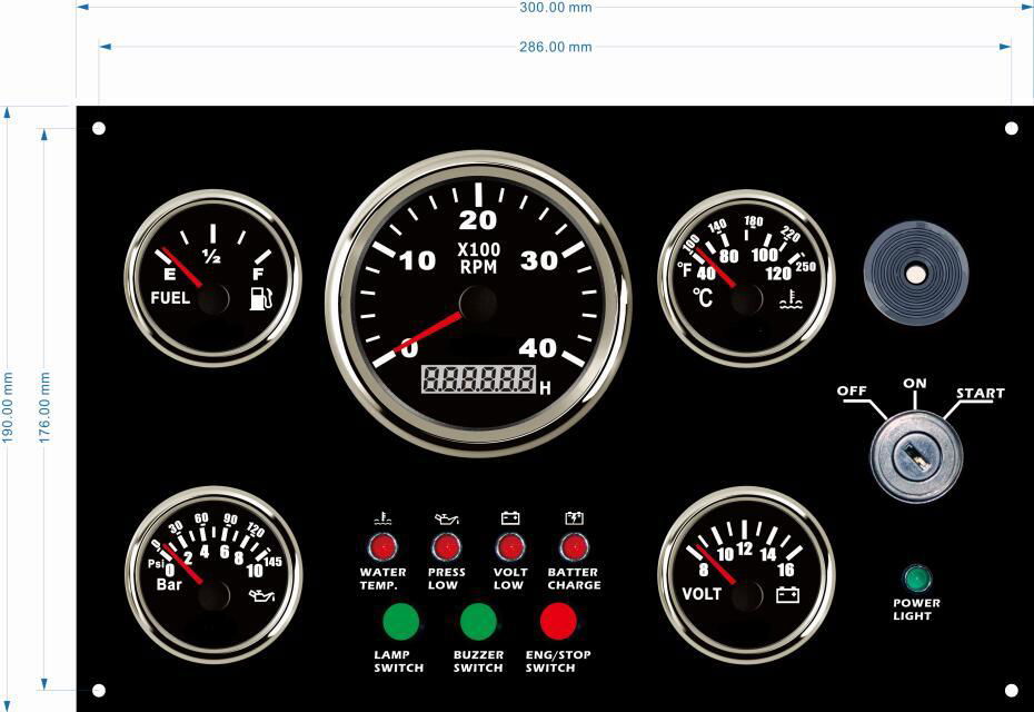 Marine Engine Dashboard with Control Panel Gauges