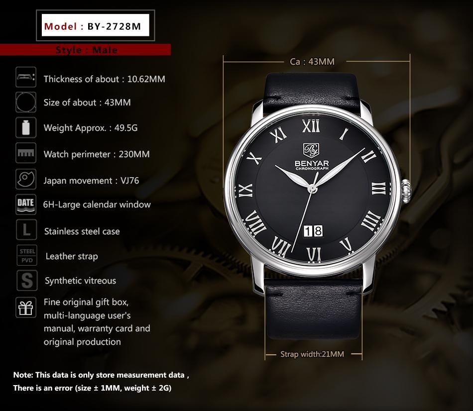 benyar_relojmarca Men Watch Chronograph Fashion Sport relojes replicas BY-2728M 2