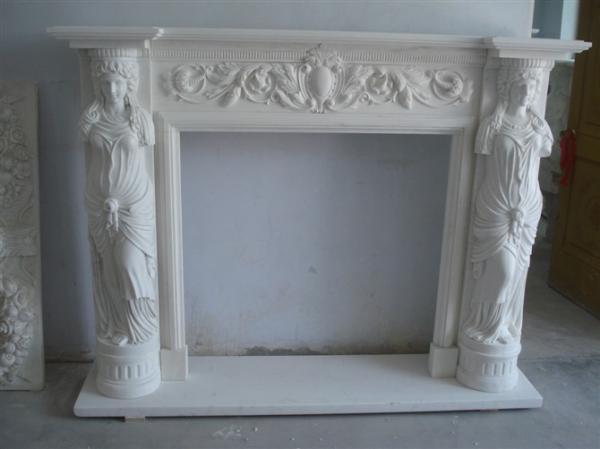 French Style Classic White Cherub Marble Fireplace Mantel with Angle Statue 2