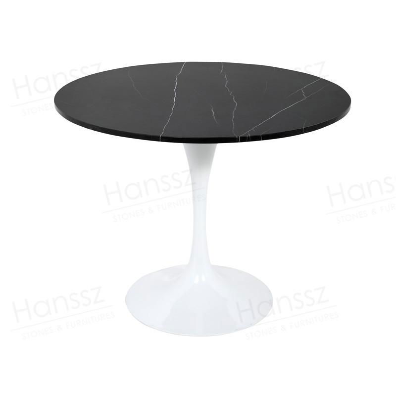 Black marble table top white metal pedestal dining table