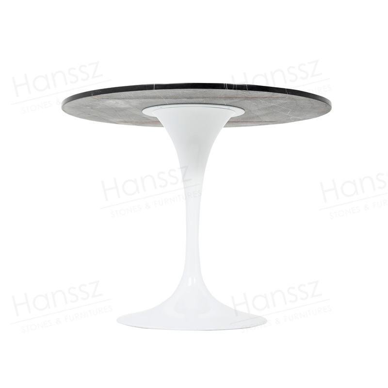 Black marble table top white metal pedestal dining table 4