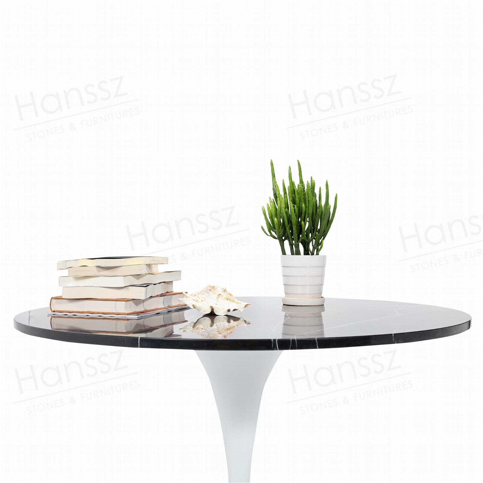 Black marble table top white metal pedestal dining table 5
