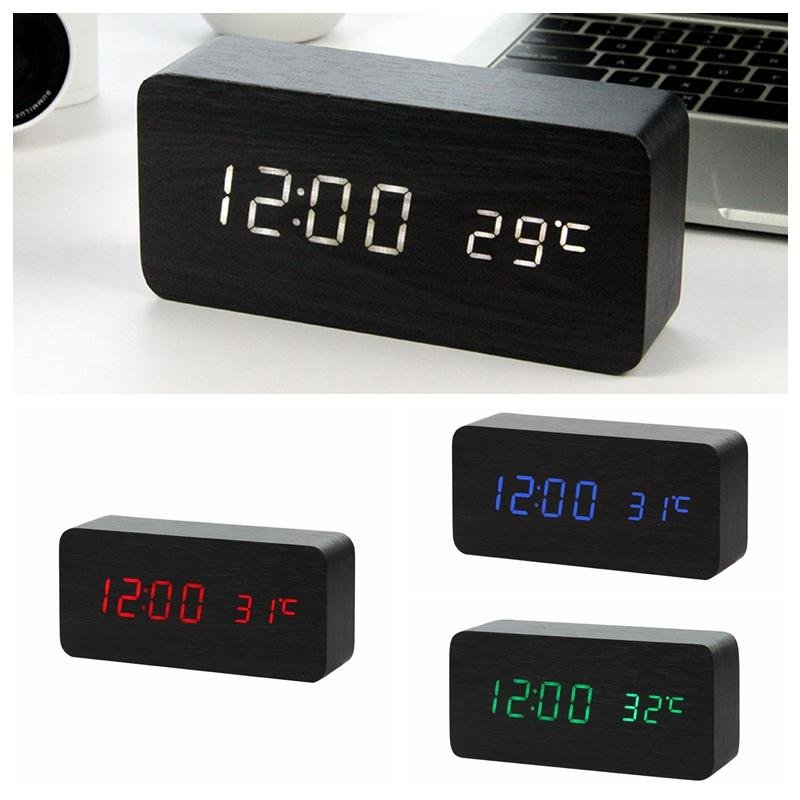 LED Clock Wooden Digital Alarm Clock with Temperature Thermometer 4