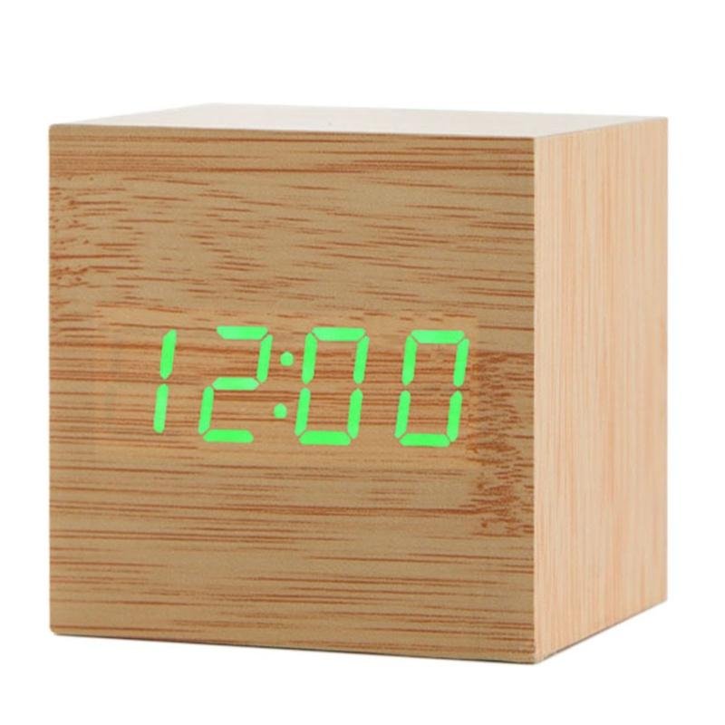 Cube Acoustic Control Wood LED Alarm Clock Table Watch Thermometer