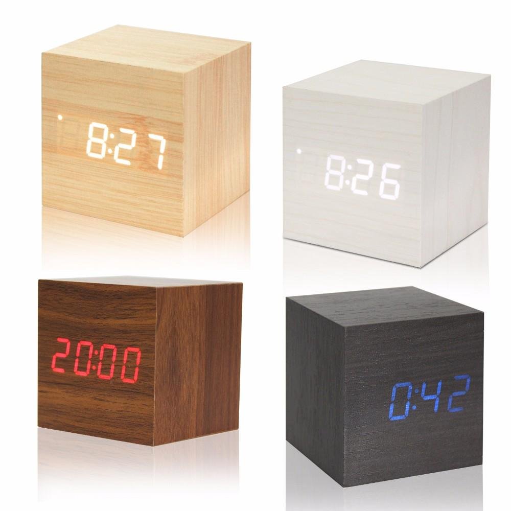 Cube Acoustic Control Wood LED Alarm Clock Table Watch Thermometer 3