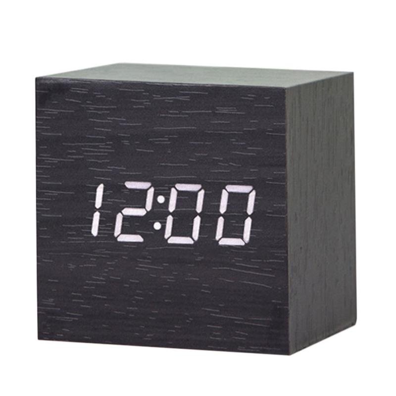 Cube Acoustic Control Wood LED Alarm Clock Table Watch Thermometer 2