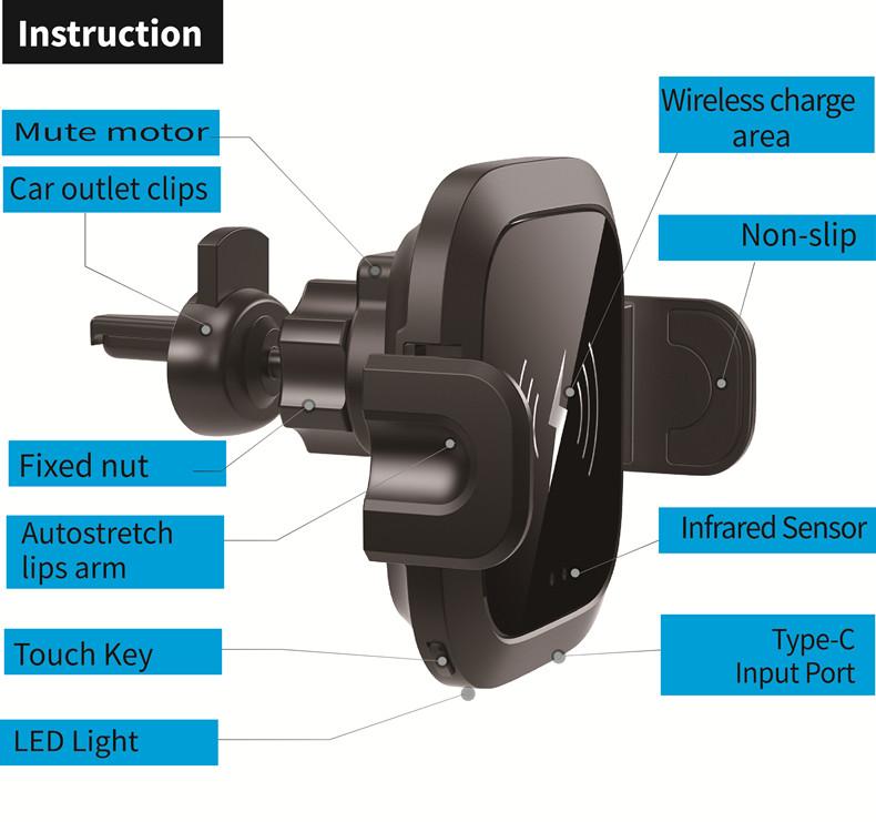 automatic clamping car wireless charger with infrared sensor Qi fast charge 3