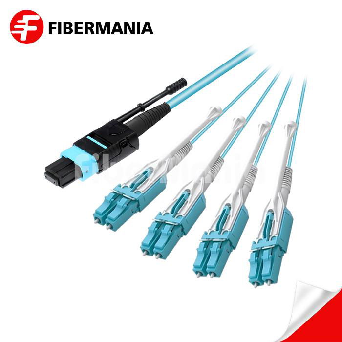 8 Fiber MTP Male to LC Uniboot Fanout Cable with Pull Tabs Om3 50/125 Multimode 